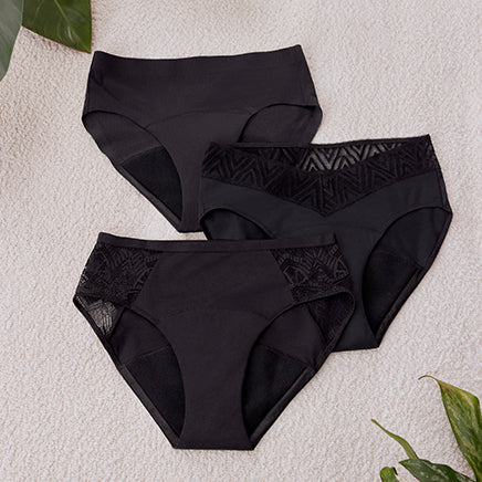 3 pairs of black period underwear in a saver set