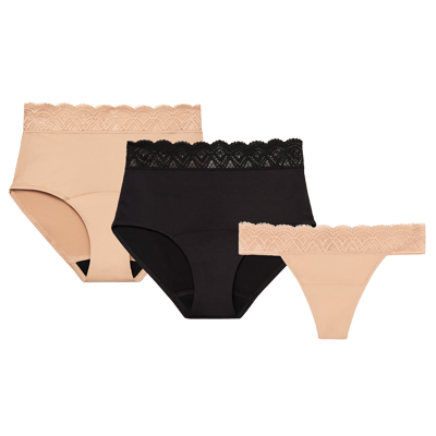 A flatlay of three pairs of Thinx for All Leaks bladder leak underwear in the styles beige Lace Hi-Waist, black Lace Hi-Waist, and beige Thong