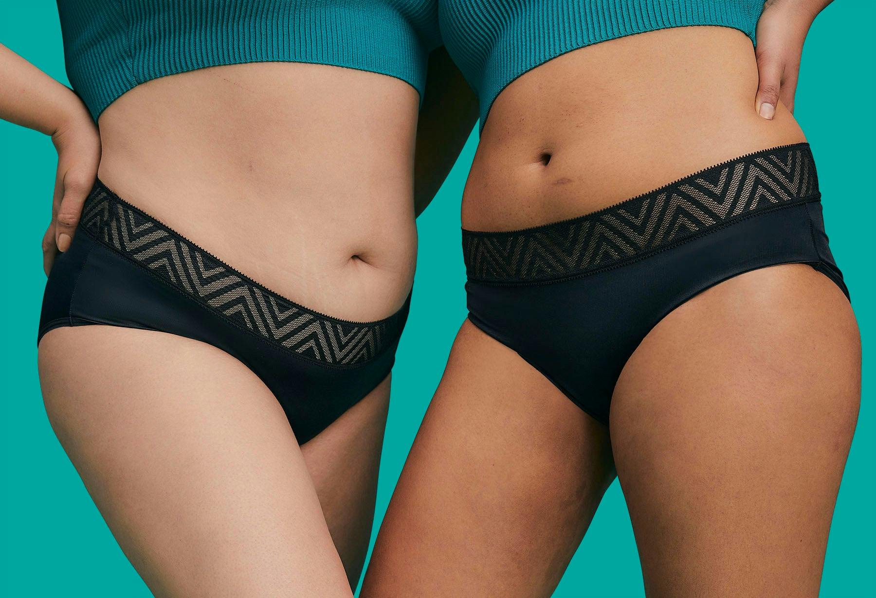 A close-up of our best-selling style, Hiphugger (in Black), on two different bodies.