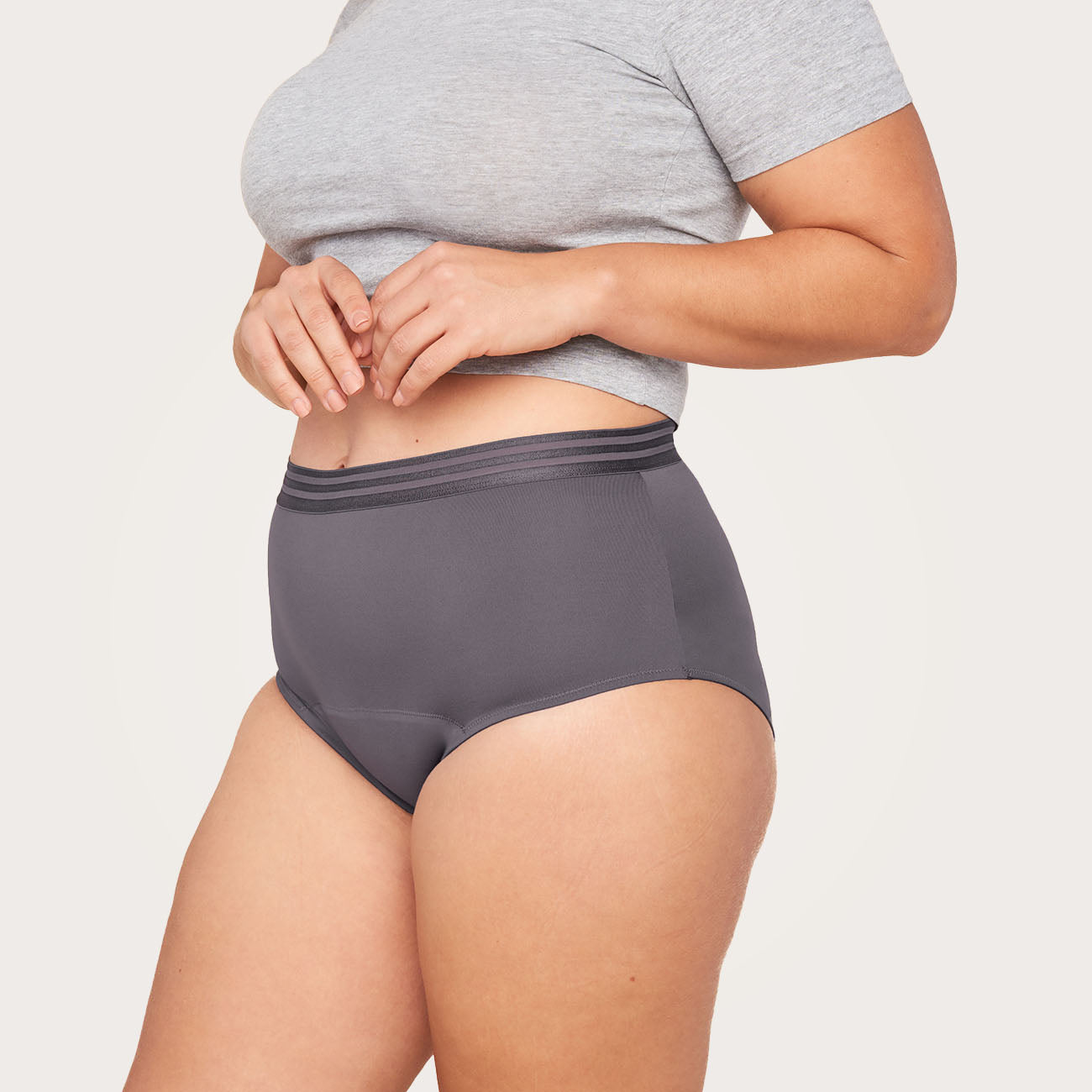 side view of hiwaist bladder leak underwear in grey
