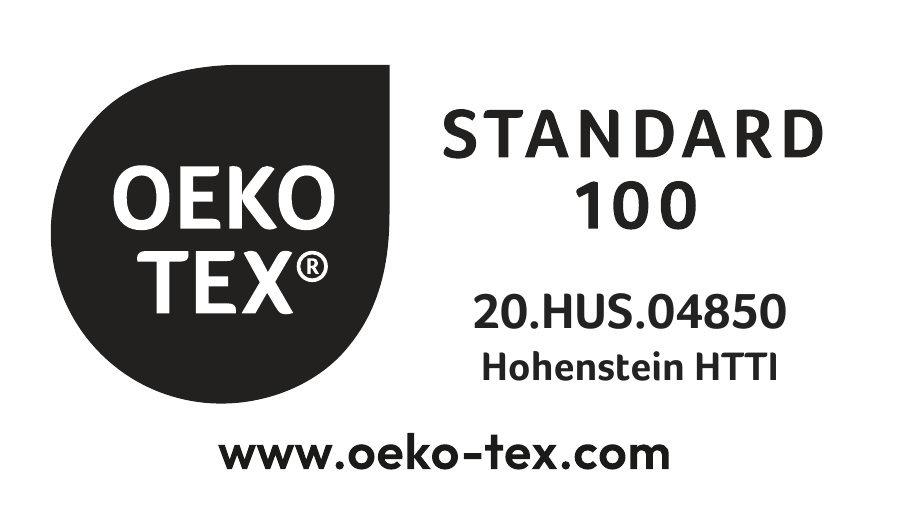 OEKO-TEX®️ certification badge. OEKO-TEX®️ confidence in textiles. Standard 100. 20.HUS.04850. HOHENSTEIN HTTI. Tested for harmful substances, www.oeko-tex.com/standard100.