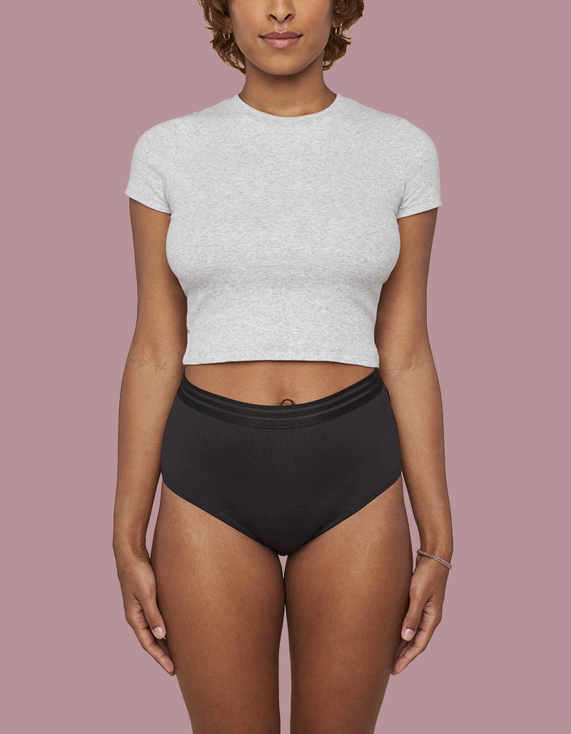 A high-rise, full-coverage style that comfortably sits above the belly button.